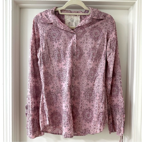 Cino Tops - Cino Pink & Purple Floral Button Down Shirt with Tie Sleeves, Size Medium